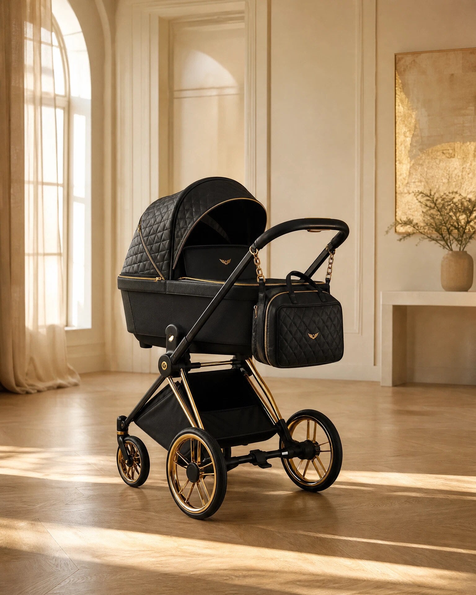 Elegant premiumbarnvagn i ljust rum