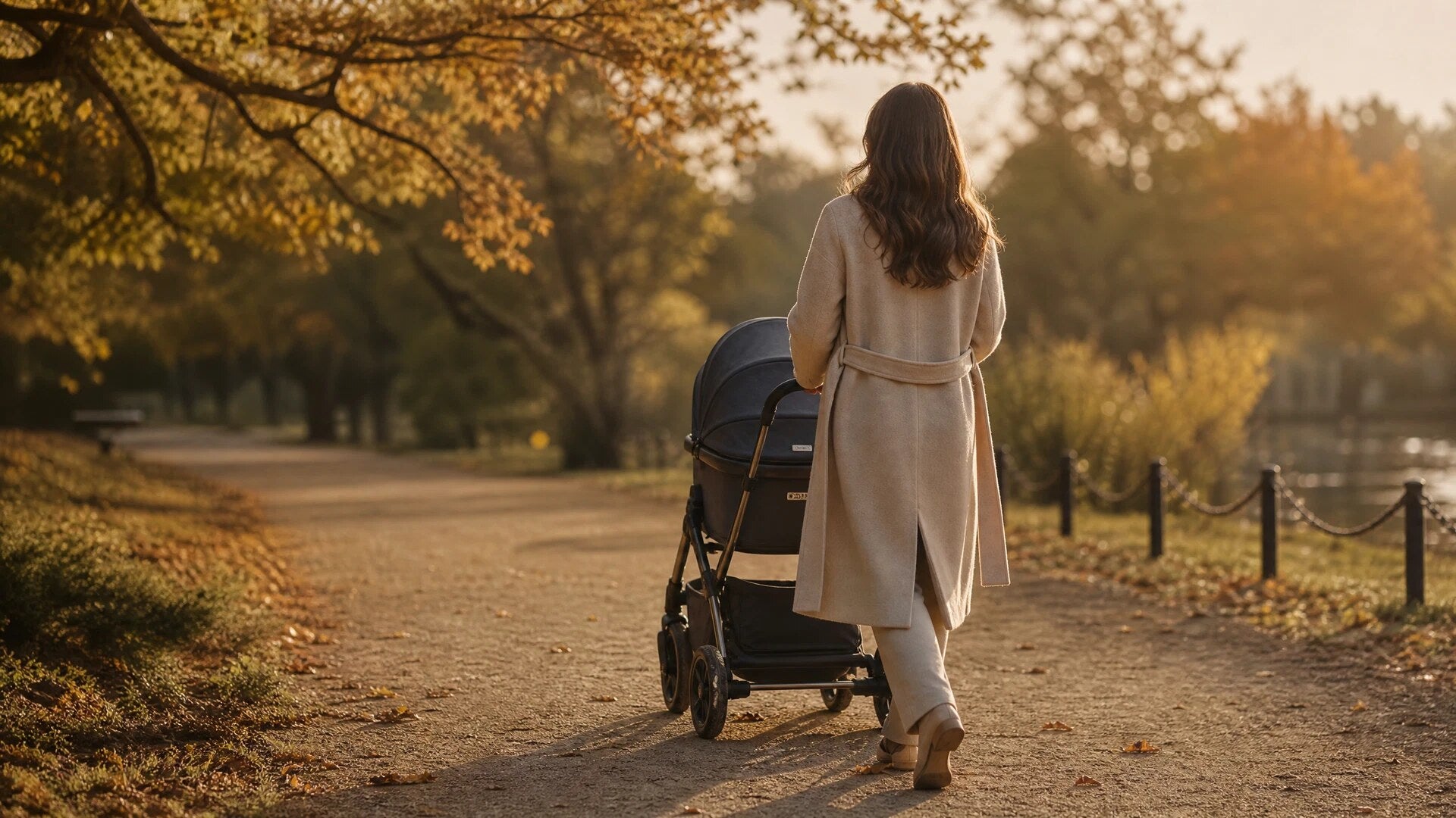 Förälder på promenad med barnvagn